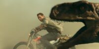 A velociraptor races next to a man on a motorcycle.