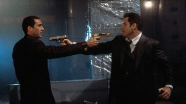 John Travolta and Nicolas Cage train their guns on one another in Face/Off