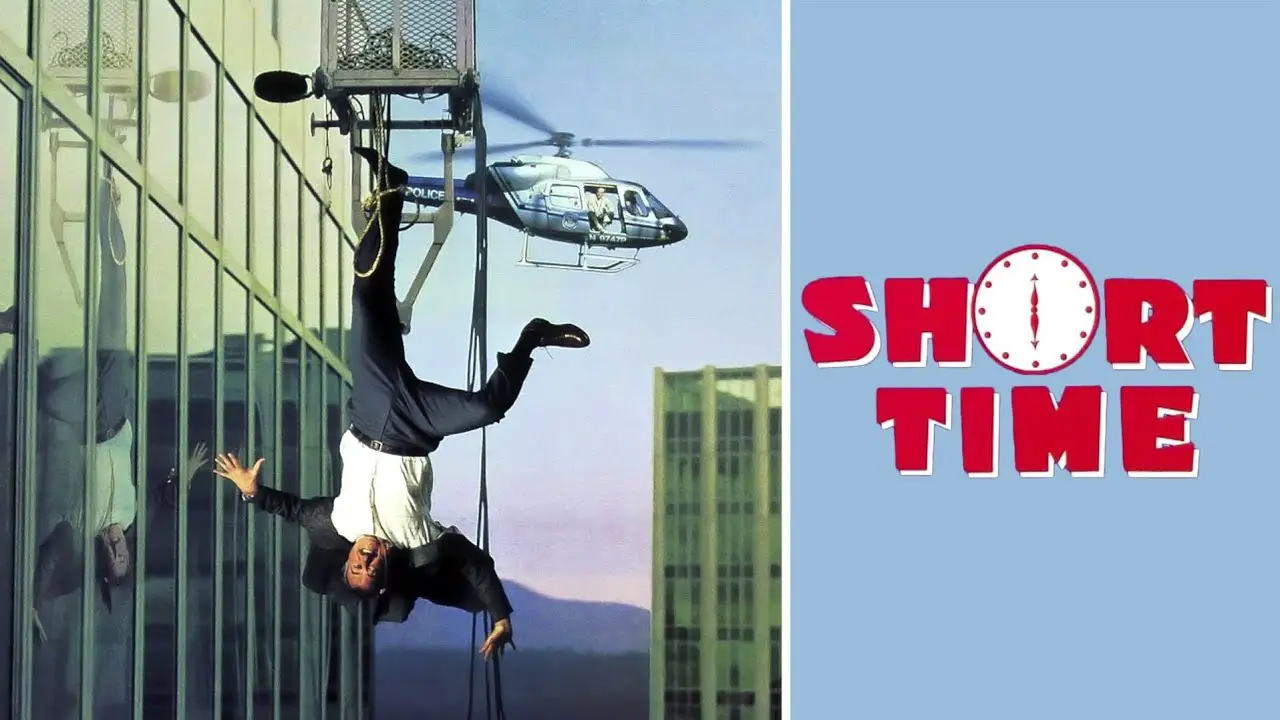 Marketing material with Burt hanging from a building upside down with a helicopter behind.