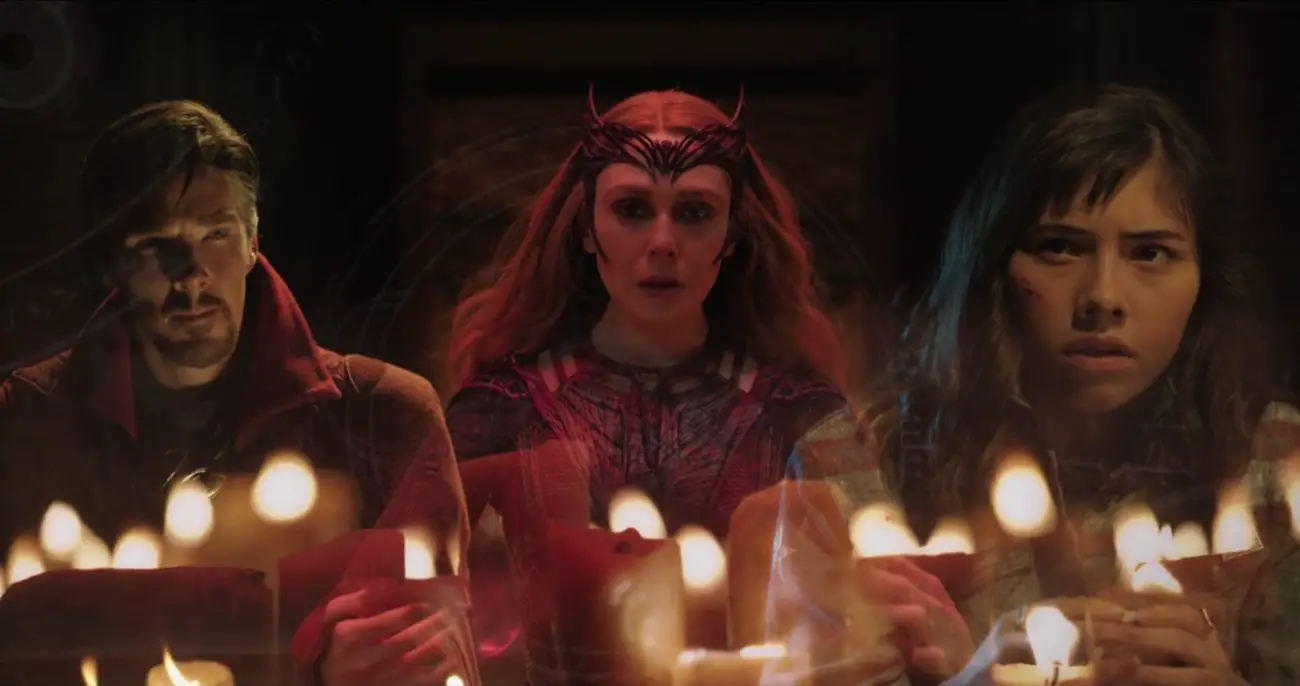 overlapping images of Stephen Strange, Wanda Maximoff, and America Chavez (Xochitl Gomez) imposed next to each other, with candles visible in the lower third