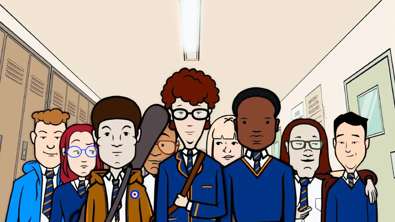 An animated group of high schoolers walk down a hallway.