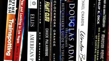 Row of books, all of which have been adapted into films.