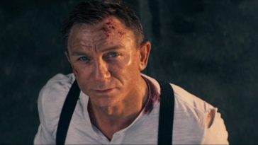 Daniel Craig looking skyward at the end of No Time to Die