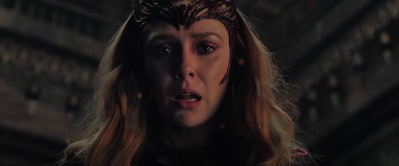 A close-up of Elizabeth Olsen as Wanda in a moment of heightened emotion