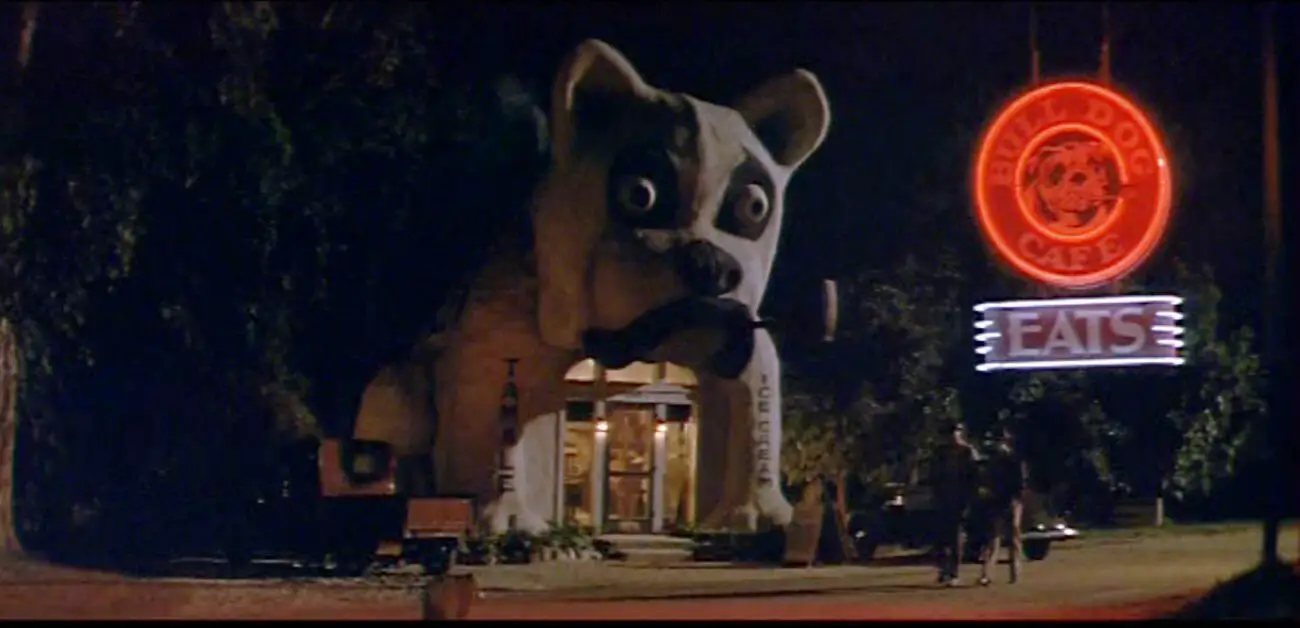 Image from The Rocketeer: A cafe shaped like a bulldog smoking a pipe