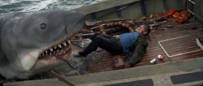 The mechanical great white shark attacks Robert Shaw in Jaws epic climax.