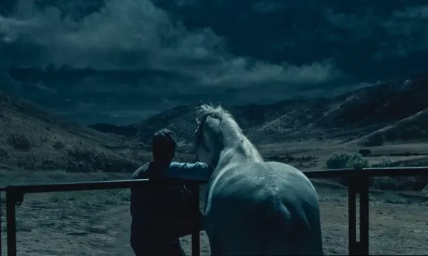 A man and a white horse stare at a storm cloud formation