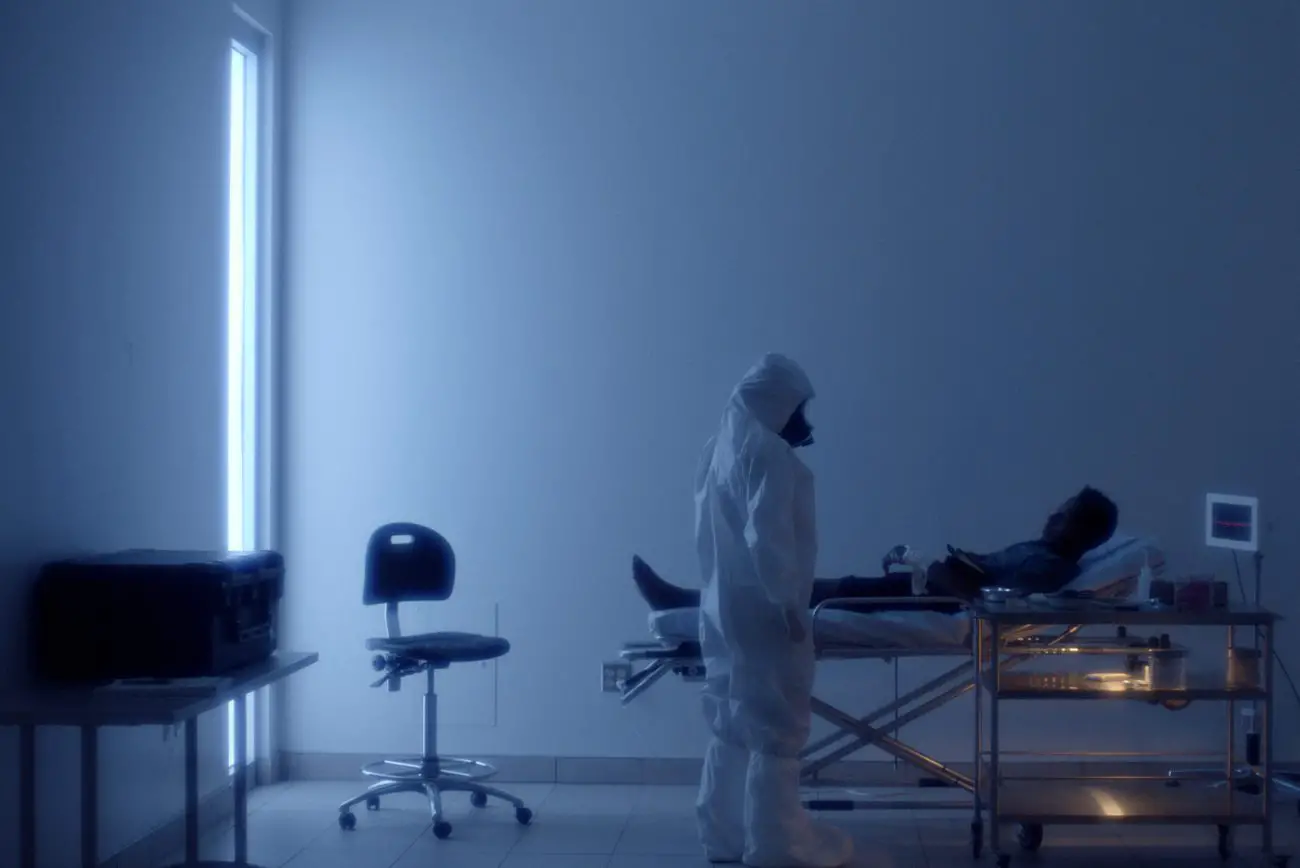 From Tin Can: A scientist wearing protective suit stands next to the hospital bed of a man.