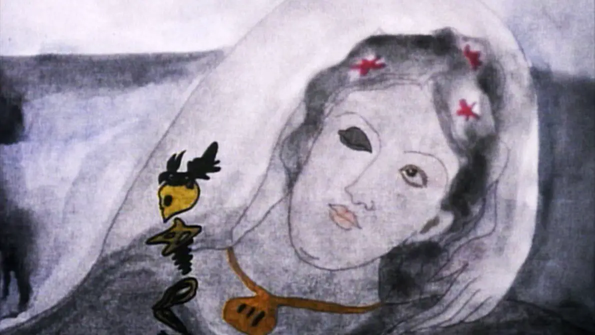 A watercolor painting of a woman with white skin reclined with one eye closed; her closed eye is black, as if bruised, and a yellow skeletal figure hovers over her chest.