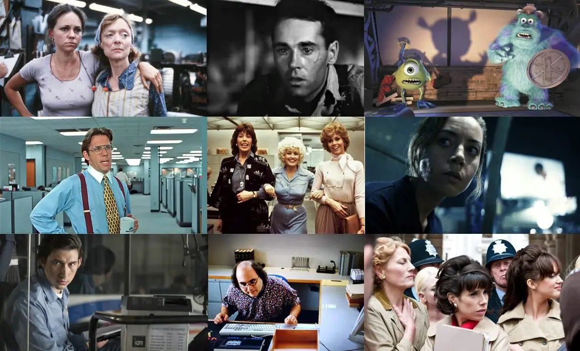 A collage of images from the films (clockwise from upper left) Norma Rae, The Grapes of Wrath, Monsters Inc, Office Space, 9 to 5, Emily the Ciminal, Paterson, Haiku Tunnel, and Made in Dagenham