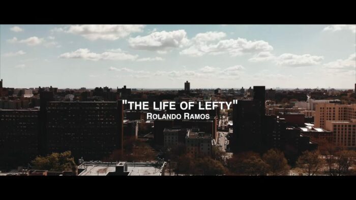 A Bronx skyline with the words imposed "The Life of Lefty: Rolando Ramos" from the Chock Full 'O MN Shorts Block