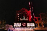 The lit marquee of the Music Box Theatre for the Opening Night of the 58th Chicago International Film Festival
