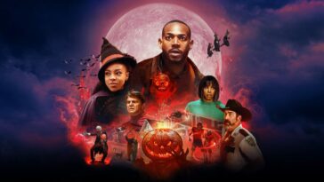 Netflix's No Text Promotional Poster for The Curse of Bridge Hollow. Featuring (Top RIght) Priah Ferguson, (Top Middle) Marlon Wayans, (Top RIght) Kelly Roland, (Bottom Right) Rob Riggle, and (Bottom Left) John Michael Higgins. Their faces overlay the purple moon background with jack-o-lanterns and alive decorations from the film in the forground.