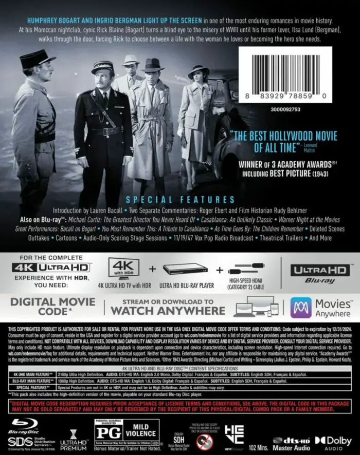 Back cover of the "Casablanca" 4K disc