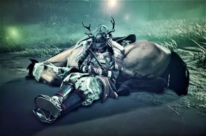 A tired samurai in full armor sleeps propped up on his slumbering horse in the video game Ghost of Tsushima