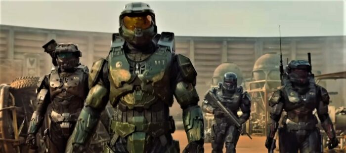 Master chief and assorted Spartan supersoldiers in futuristic combat armor from the Halo tv series that aired on Paramount+