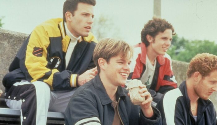 Will and his friends in the bleachers in Good Will Hunting