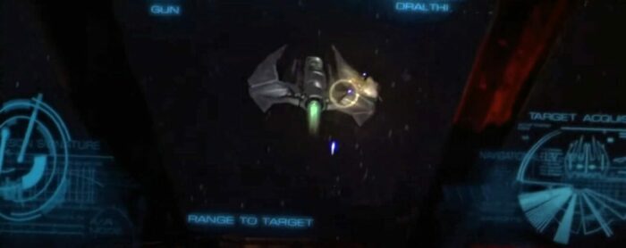 Digital hud combat display in a space dogfight from Wing Commander, showing an enemy ship as well as controls for a pilot