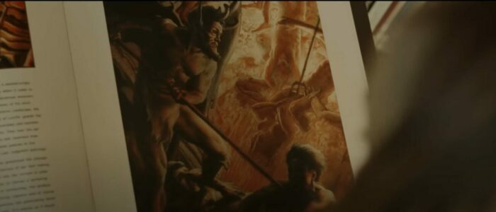 Demon with a pitch fork attacks man in a paining in the pages of a book
