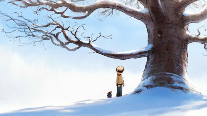 The Boy walks with the Mole under a snowy tree.