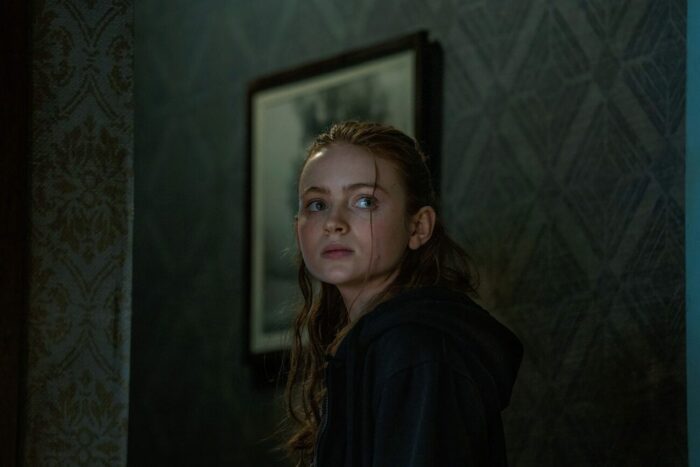 Ellie (Sadie Sink) stands reluctantly in the middle of Charlie's (Brendan Fraser) apartment.