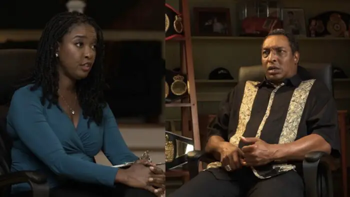 A split-screen image of psychologist Dr. Monica O'Neal (left) and Muhammad Ali, Jr. (right)