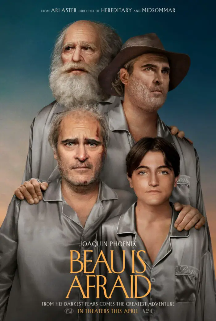 A poster of Beau is Afraid, depicting the character at four different life stages.