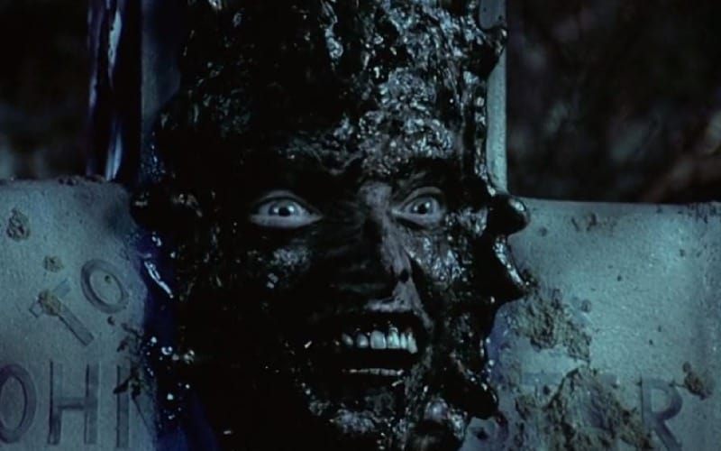 Johnny's face as ecto-plasm smiles while splattered on a grave stone.