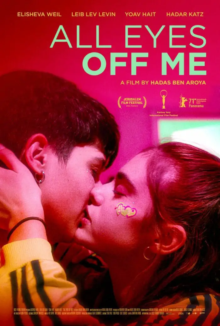 Theatrical poster for All Eyes Off Me, featuring the film title superimposed over a close up of two young women kissing.