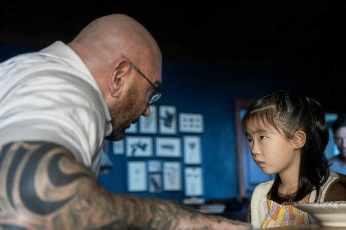 (from left) Leonard (Dave Bautista), and Wen (Kristen Cui) in Knock at the Cabin, directed by M. Night Shyamalan.
