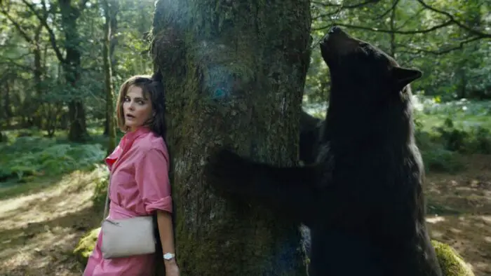 A woman hides on the other side of a tree trunk from a bear.