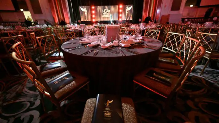 The tables and banquet area for the Hollywood Critics Association Film Awards.