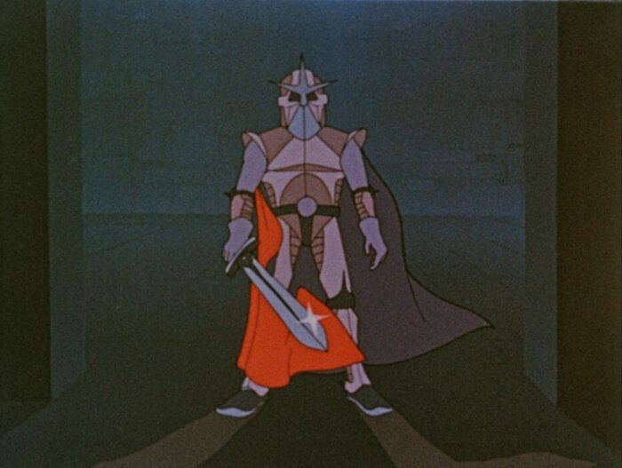 A medieval space knight clad in armor and brandishing a sword.