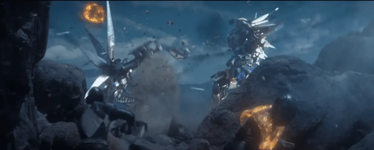 Two Power Rangers watch the Megazord fight a giant robot from behind rocks as explosions are seen in the sky