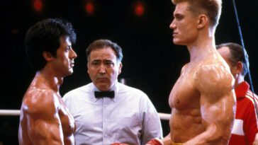 Sylvester Stallone as Rocky Balboa and Dolph Lundgren as Ivan Drago in Rocky IV (MGM)