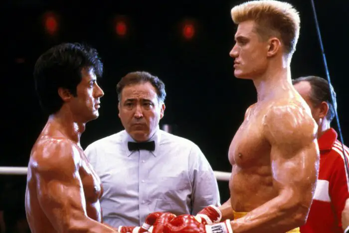 Sylvester Stallone as Rocky Balboa and Dolph Lundgren as Ivan Drago in Rocky IV (MGM)