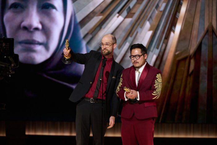 Daniel Scheinert and Daniel Quan accept the Oscar® for Directing during the live ABC telecast of the 95th Oscars® at the Dolby® Theatre at Ovation Hollywood on Sunday, March 12, 2023. Credit/ProviderBlaine Ohigashi / ©A.M.P.A.S. Copyright ©A.M.P.A.S.