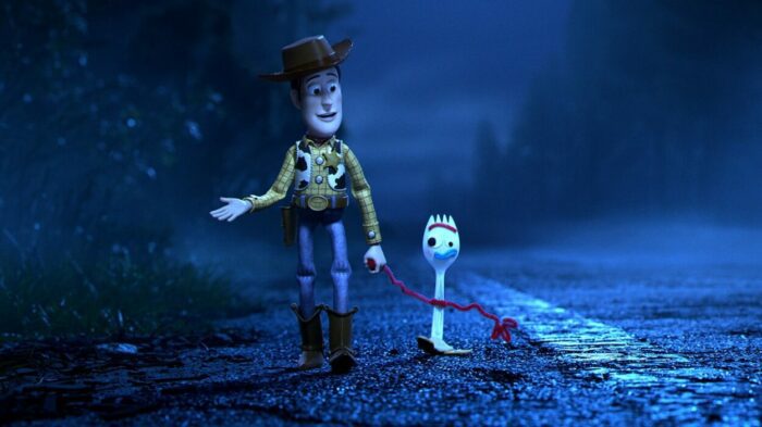 Tom Hanks as Woody (left) and Tony Hale as Forky (right) in Toy Story 4 (Disney/Pixar)