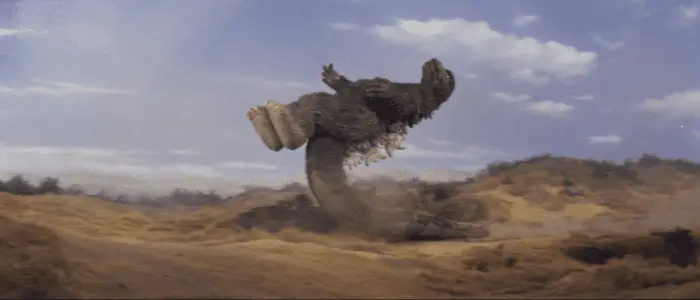 Godzilla flying perfectly horizontal in order to dropkick Megalon in "Godzilla vs Megalon"