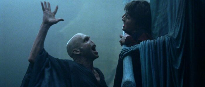Ralph Fiennes as Voldemort (right) and Daniel Radcliffe as Harry Potter (right) in Harry Potter and the Goblet of Fire (Warner Bros.)