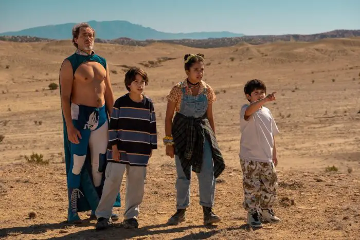Chupa. (L-R) Demián Bichir as Chava, Evan Whitten as Alex, Ashley Ciarra as Luna and Nickolas Verdugo as Memo in Chupa. Cr. Tony Rivetti Jr./Netflix © 2023