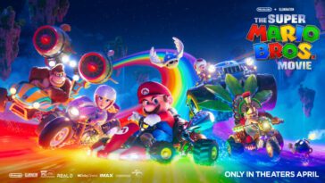 Mario and friends in cartoonish go-karts race down the rainbow road in a thrilling ad for The Super Mario Bros. Movie.
