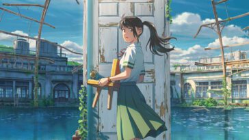Suzume holding a chair in front of a door partially submerged in