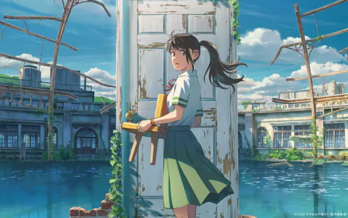 Suzume holding a chair in front of a door partially submerged in