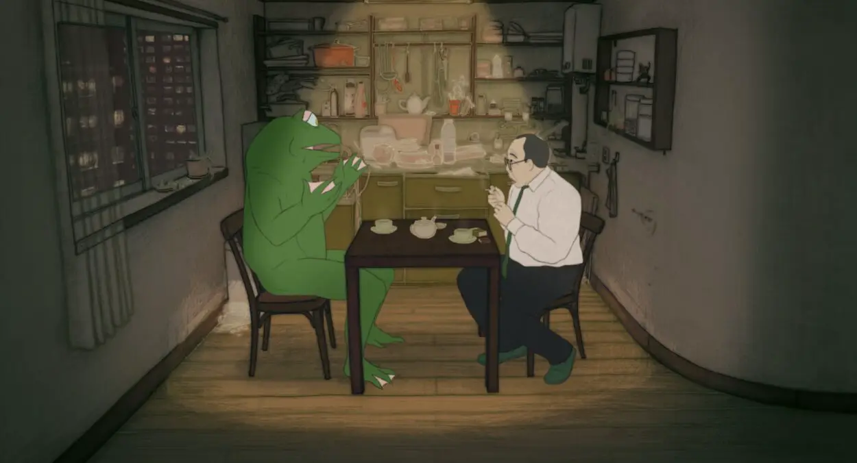 A man sits down to dinner with a giant lizard.