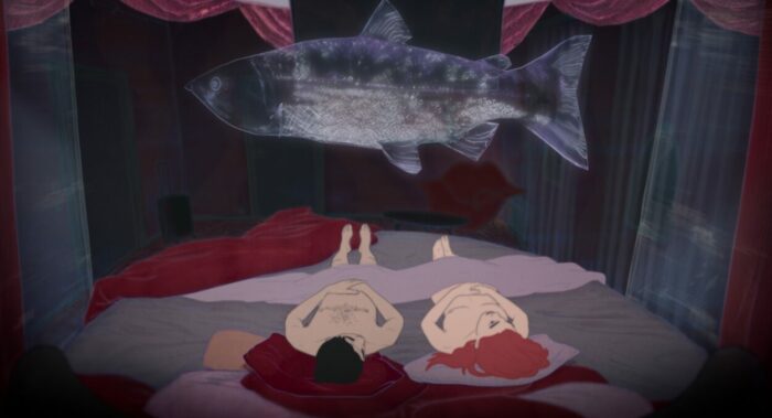An animated image of a man and woman naked in bed, staring at a giant fish.