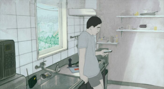 An animated image of a man in his kitchen looking at a phone.