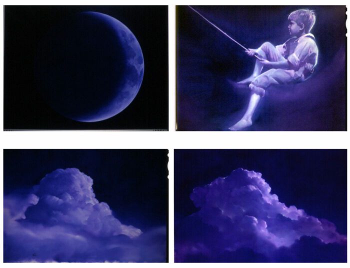 Four images of Robert Hunt's original paintings. In the top left corner is the crescent moon. In the top right corner is Robert's son, William, stylized as the Moon Child. In the bottom left and right corners are big, fluffy clouds.
