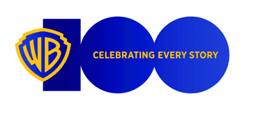 A stylized logo reading "WB: Celebrating every story" superimposed over a blue "100"