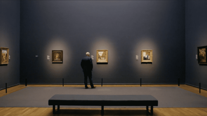 Man stands solo in an art gallery of Vermeer's work looking at three small paintings on the wall